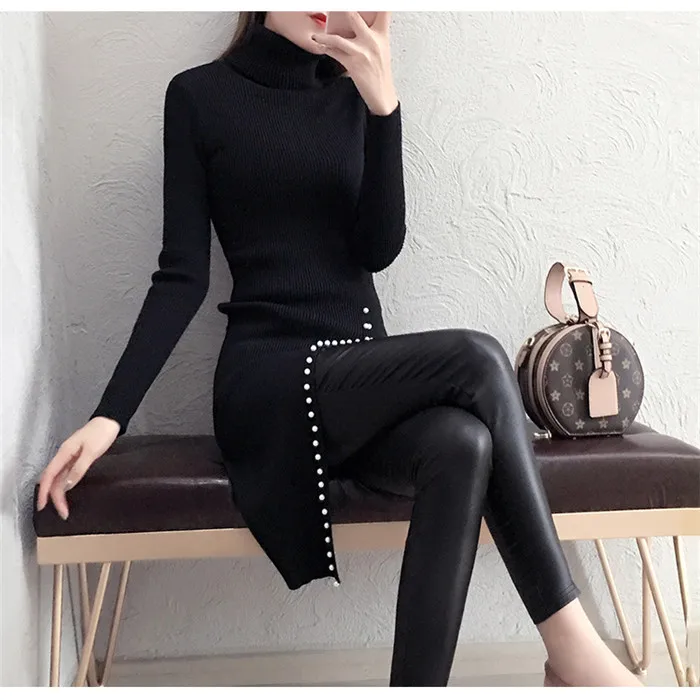 Autumn Winter High-Neck Sweater Women Mid Long Pullover Knitwear Temperament Slim Split Top Female Knitted Sweater XIN203