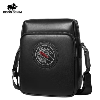 

BISON DENIM Genuine Leather Business Crossbody Bag iPad Mens Messenger Bag Embroidery Classic Black Male Bag bolsas male N20025