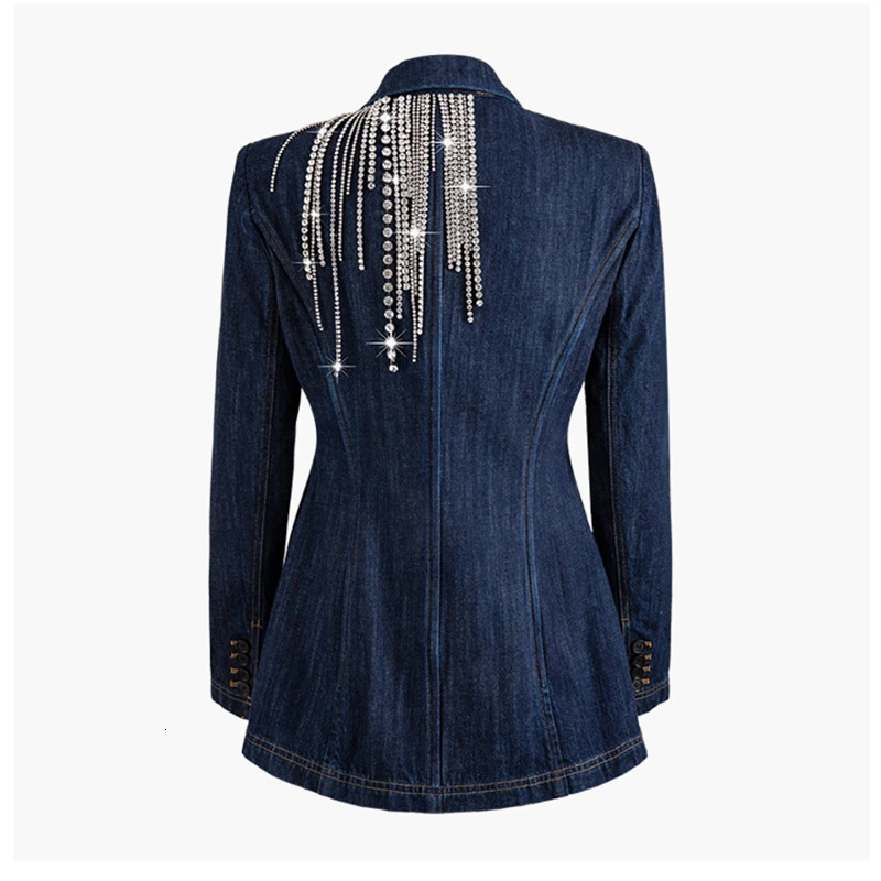 GALCAUR Patchwork Crystal Tassel Women's Blazer Notched Long Sleeve Double Breasted Tunic Denim Coats Female Fashion New