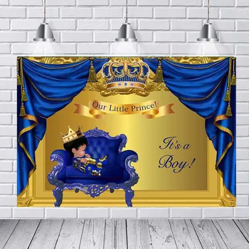 

Mehofoto Royal Boy Baby Shower Photography Background Princess Crown Golden Pumpkin Car Photo Background Blue Background