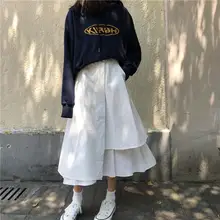 

80% HOT SALES！！！Women Lady Casual Solid Color Loose High Waist Pleated Irregular Hem Long Skirt