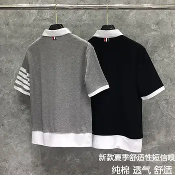 

2020 Fashion TB THOM Brand Turn-down Collar Patchwork Short-sleeved T-shirt Men Women Cotton Couple Summer Clothing