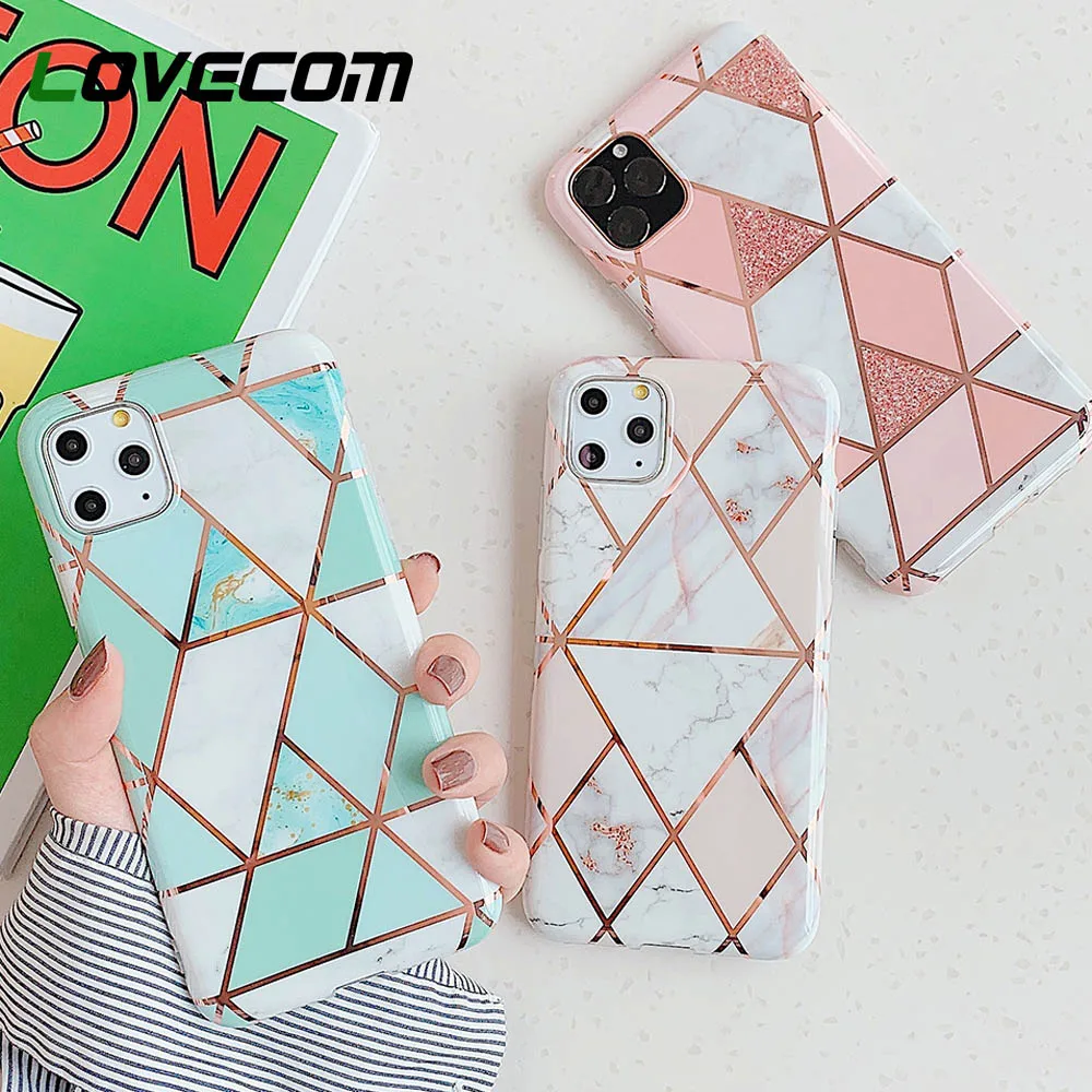 

LOVECOM Geometry Marble Case For iPhone 11 Pro Max XR XS Max 6 6S 7 8 Plus X Plating Line Full Body Glaze Soft Phone Back Cover