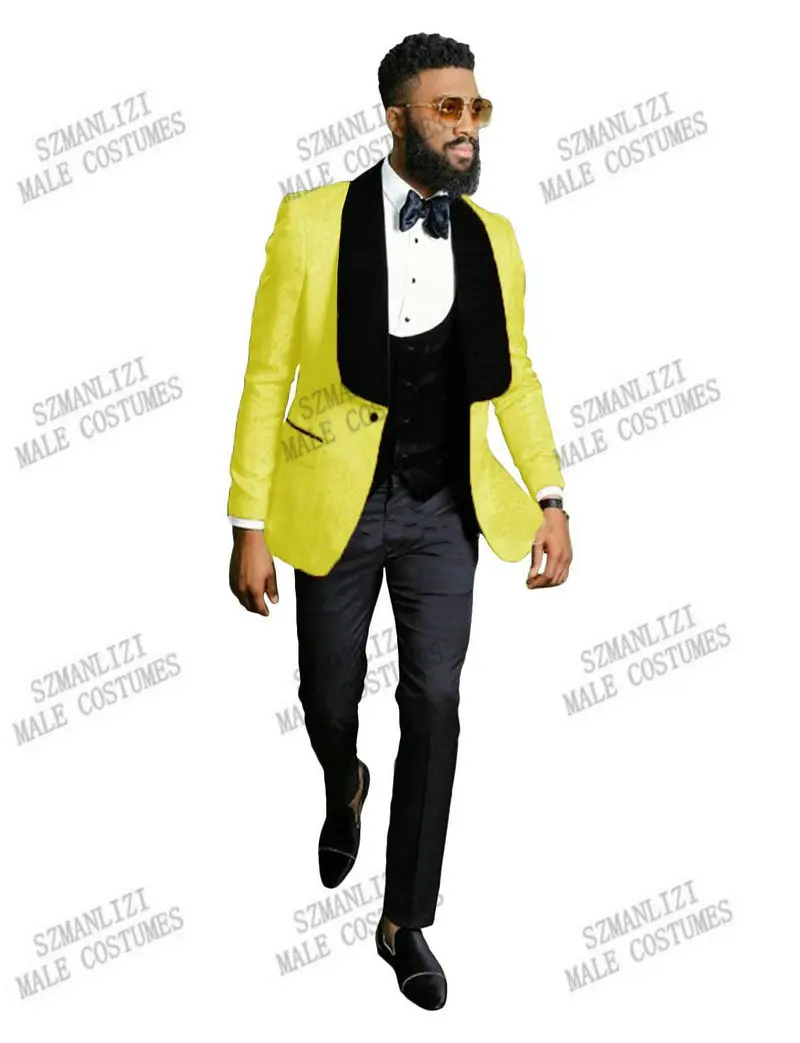 

Yellow Jacquard Men's 3-Pieces Suit Slim Fit One Button Formal Dress Suit Tuxedo 3 Pieces Men Suits For Wedding Costume Homme
