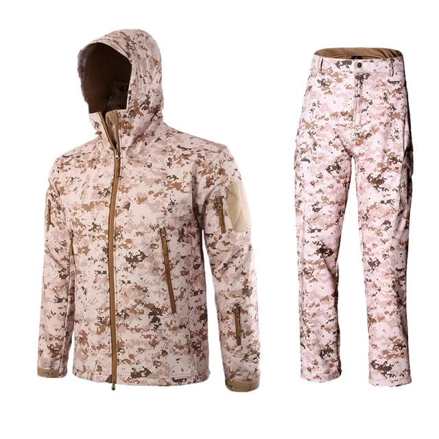 Desert Camo Тактическая флисовая куртка, набор, Мужская водонепроницаемая ветровка, флисовые пальто, камуфляжная Акула, кожа, военные куртки+ штаны, одежда, костюм - Цвет: Desert Camo