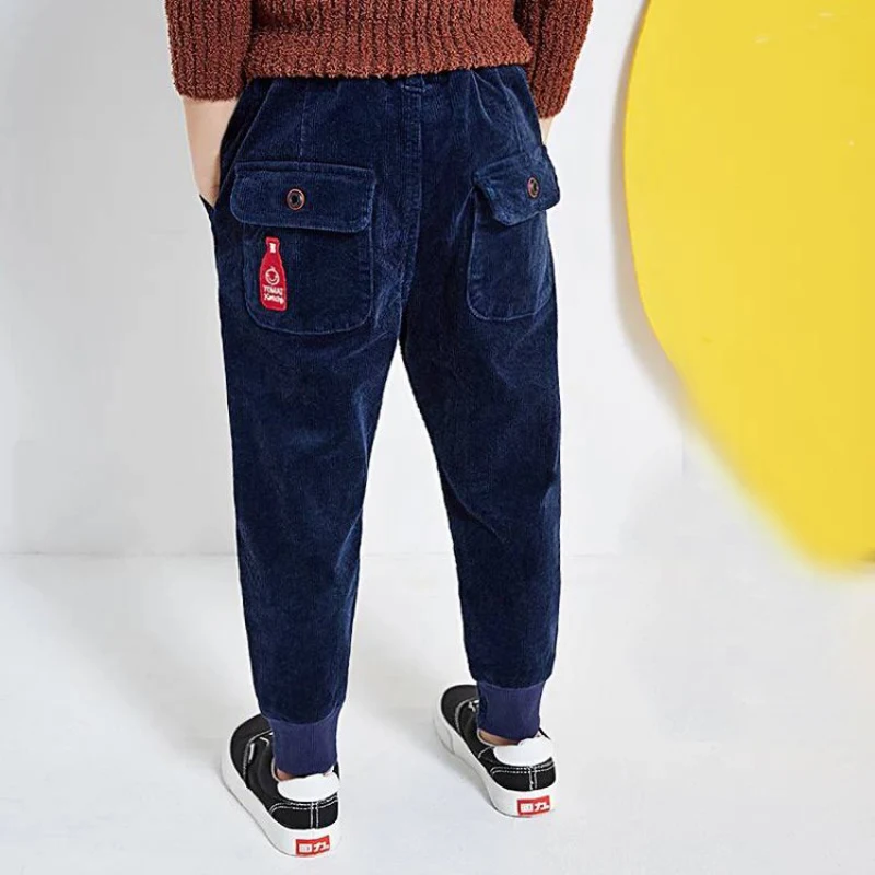 navy blue Осенние вельветовые штаны для мальчиков и девочек, Длинные флисовые штаны для мальчиков, Тонкие штаны детские брюки с несколькими карманами универсальные без меха - Цвет: navy blue