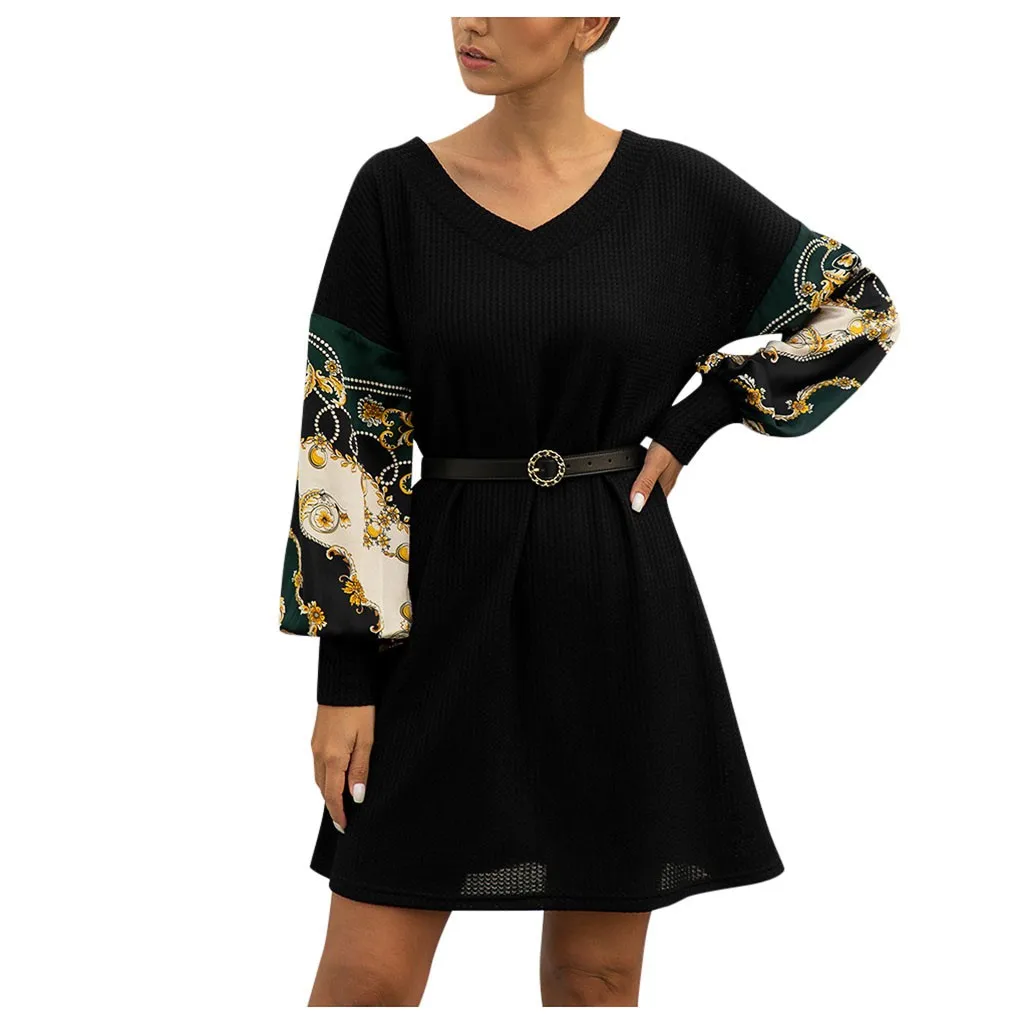 Dress For Women Casual Loose V-Neck Printed Paneled Lantern Sleeve High Waist bandage Shirt Evening Party Dresses Sukienka | Женская