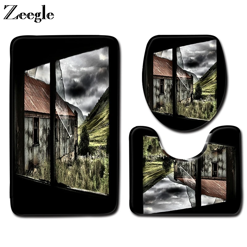 Zeegle Bathroom Mat Set Flannel Anti-Slip Bath Floor Mat Carpet Washable Modern Area Rug Pedestal Rug Lid Toilet Cover Mat