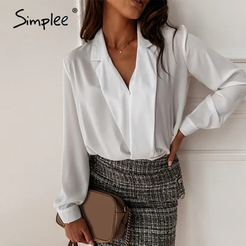 

Simplee Sexy v neck office lady blouses shirts Long sleeve spring summer female white solid tops work wear slim women blouses