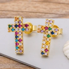 Высокое качество Радуга гвоздик в форме Креста серьги золотистого цвета Micro Pave CZ нежный мода для женщин девочек прекрасные вечерние ювелирные изделия подарок