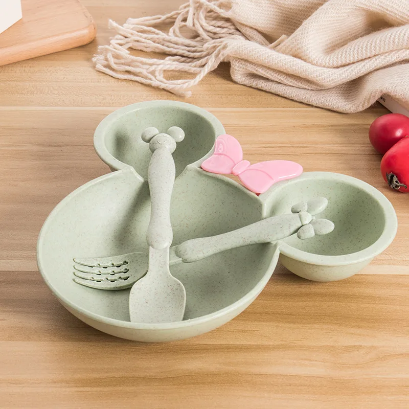 Green Set Натуральная Пшеница соломенная чаша детская посуда с рисунком Набор для малышей Дети ужин для кормления тарелка детская тренировочная чаша ложка Вилка - Цвет: Green Set