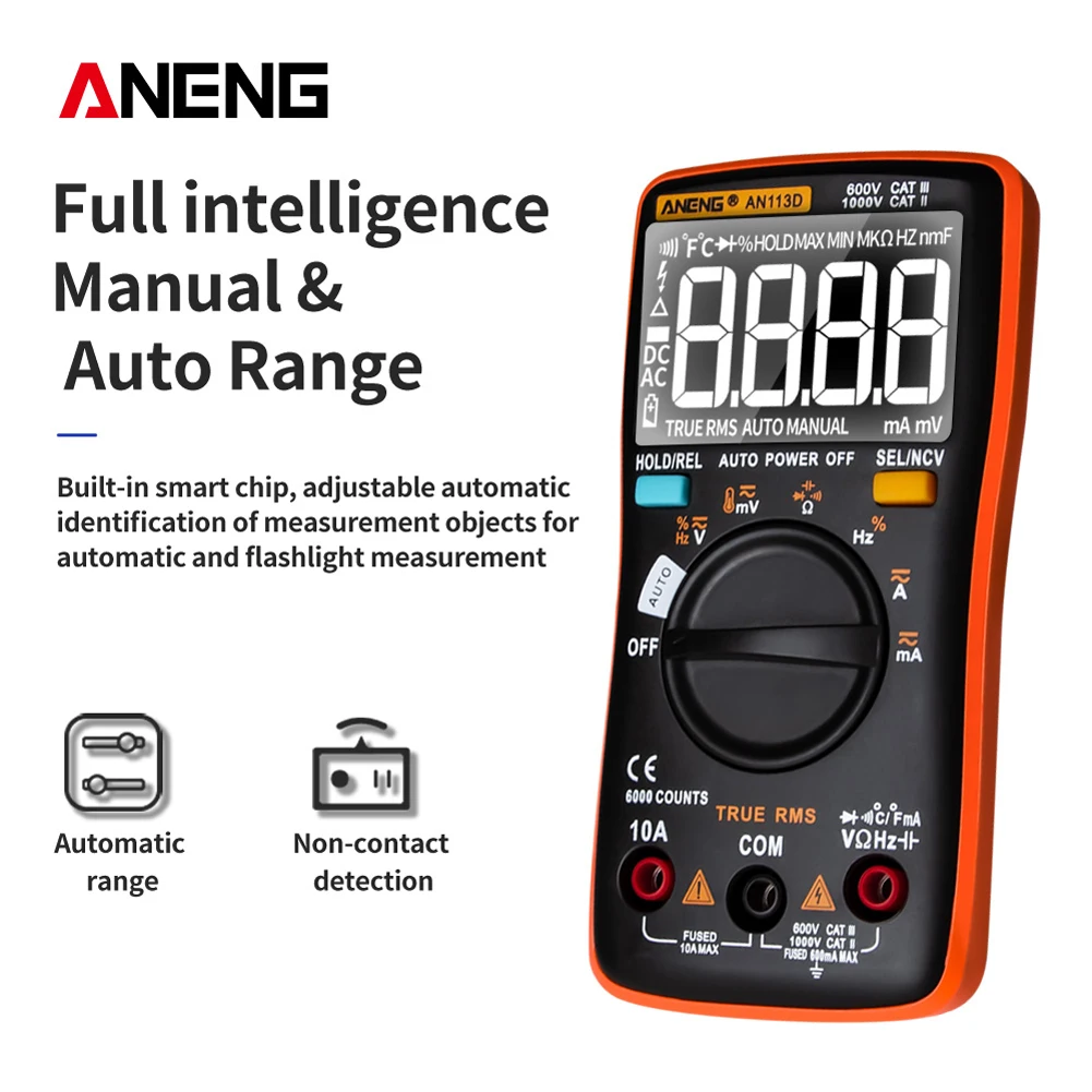 

AN113D Digital Multimeter 6000 Counts Electrical Transistor Tester Temperature Auto Ranging AC/DC Voltage Meter for Electrician