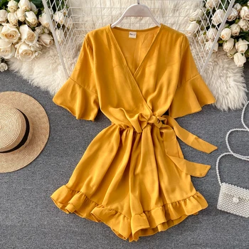 

Boho slim Ruffles 2020 V Neck Jumpsuit flare sleeve Casual Sexy Women rompers Short Summer tie Playsuit Beach Holiday Romper