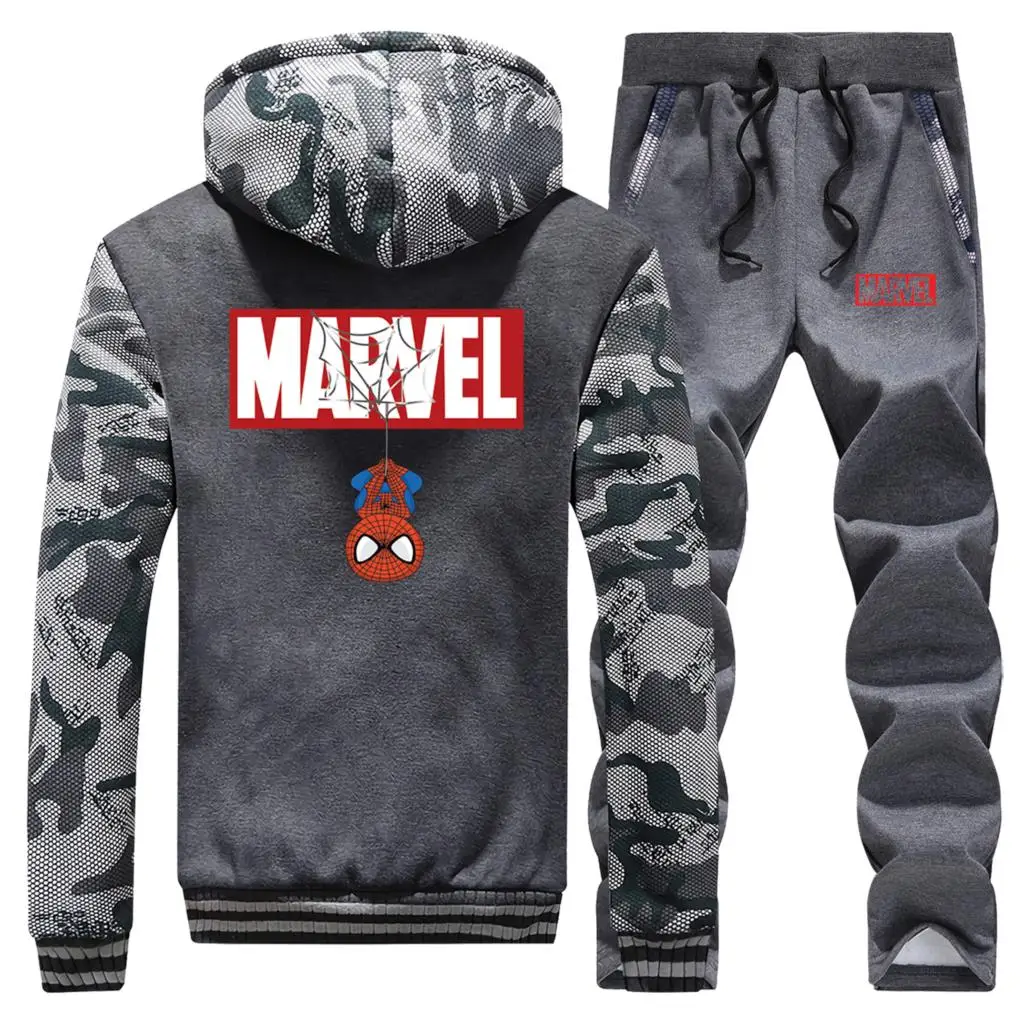 Marvel, Забавный Человек-паук, Лидер продаж, зимнее пальто, толстая камуфляжная мужская толстовка с капюшоном, повседневные куртки, костюм, спортивная одежда+ штаны, комплект из 2 предметов