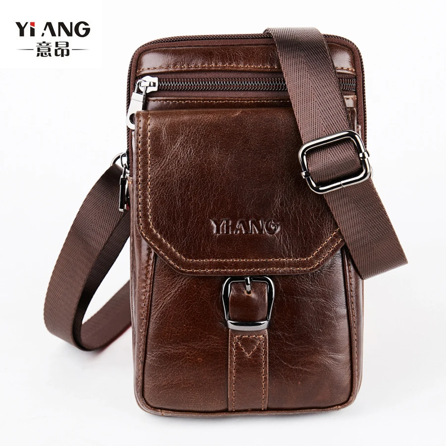 

YI'ANG Brand Genuine Leather Cell Mobile Phone Wallet Punch Case Men Belt Cross Buckle Waist Pack Men's Shoulder Messenger Bag