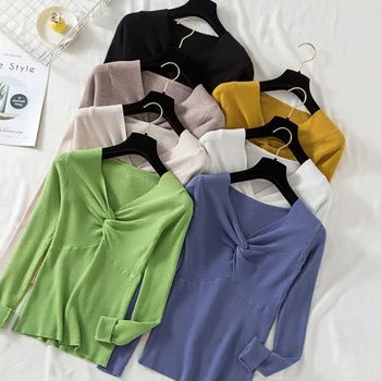

2020 Autumn Winter Women Cheap Pullover and Sweaters Cross V neck Solid Basic Cheap Clothes Female Slim Sweaters Suter Mujer