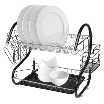 

S-shaped 2 Layers Dish Rack Kitchen Bowls Dishes Chopsticks and Spoons Storage Shelf with Water Tray Cup Holder Dish Drainer