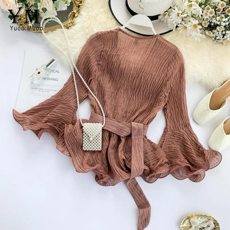 YuooMuoo Elegant Sashes Bandage Autumn Women Blouse Shirt 2019 V Neck Korean Style Ruffle Women Blouse Long Sleeve Chiffon Top 2