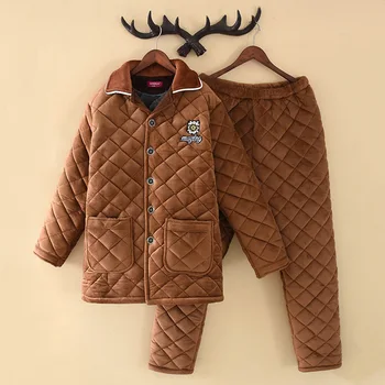 

New winter Sleepwear Brown Flannel Men's Pajamas Suit Three-layer coral Fleece Sleepwear Pyjamas Men Long-Sleeved Warm Home Wear