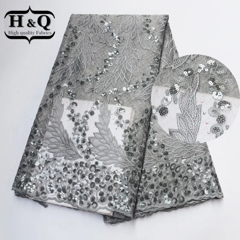 

High-End Nigerian Lace Fabric African Net Lace Fabric 5 Yards Embroidered French Tulle Lace with Sequins and Stones For Sewing
