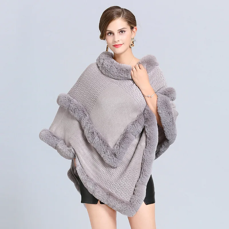 SC385 зимний женский искусственный Лисий мех размера плюс треугольный шаль-свитер вязаный пончо с круглым вырезом меховой полосатый плащ свободные пуловеры - Цвет: Same Color As Photo