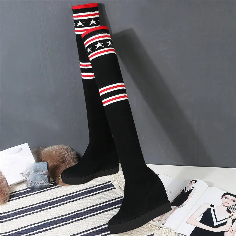 Creepers Women Faux Suede Wedges High Heel Over The Knee High Boots Knitting Stretch Thigh High Pumps Platform Oxfords Trainers