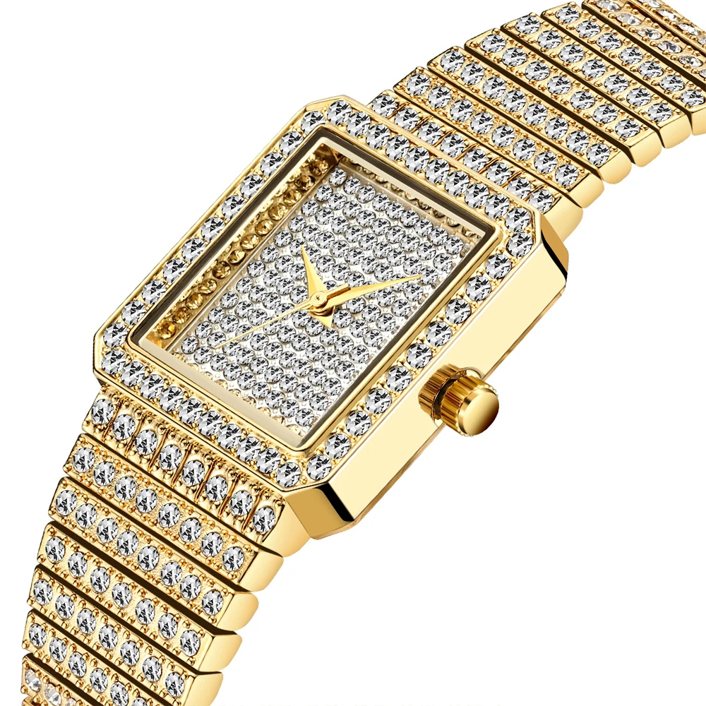 drop shipping bling diamonds watch for women hip hop womens quartz watches ice out 18k gold plated ladies wristwatches female clock stainless steel bracelet square case watches free shipping(17)