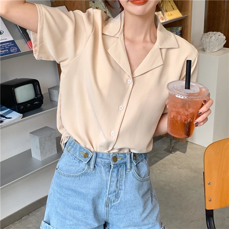Turndown Collar Short Sleeve Chiffon Shirt Blouse Women 2020 Office Ol Overalls Shirt Casual Button Loose Summer Simple Tops Turndown Collar Short Sleeve Chiffon Shirt Blouse Women 2020 Office Ol Overalls Shirt Casual Button Loose Summer Simple Tops