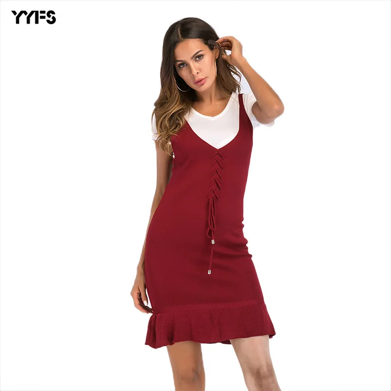 

Cross Border WOMEN'S Dress 2019 New Style Summer Flounced Hem Knitted Camisole Europe And America Dress Slim Fit Skirt