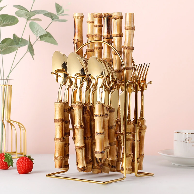 

24 Pcs Steak Knives Flatware Fork Spoon Set Creative Home Bamboo Handle Stainless Steel Tableware with High-End Cutlery Rack Set