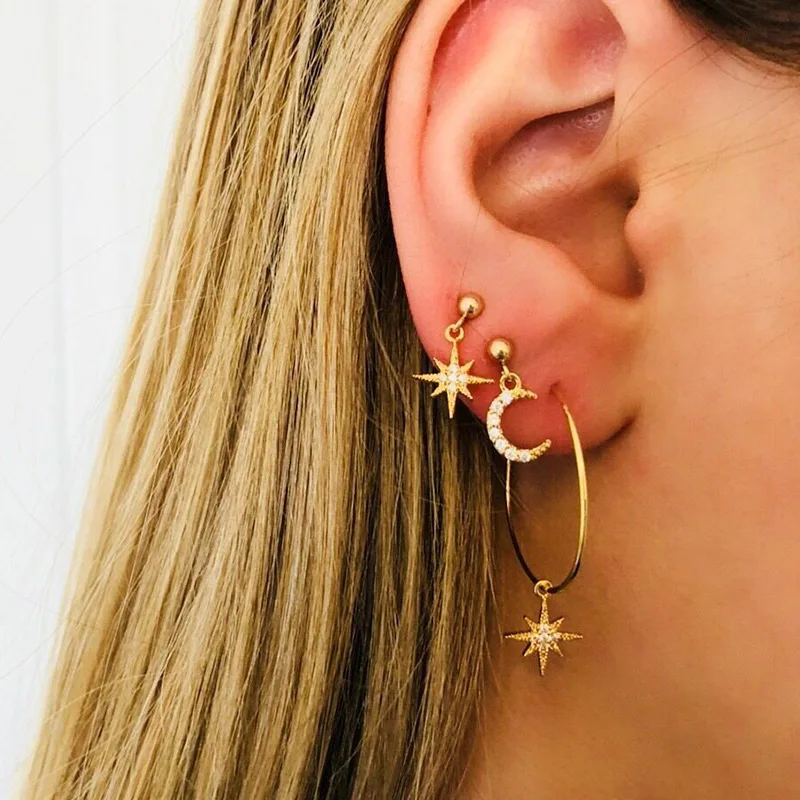 

2 Pair New Star Moon Stud Earrings for Women Retro Asymmetry Cubic Zircongia Simple Drop Earing Modern Jewelry Accessories