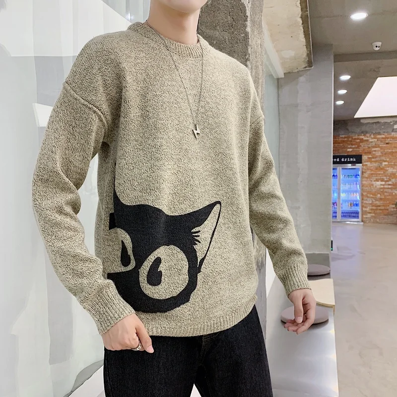 Осень корейский Harajuku Bf ветер мужской свитер порт ветер шик пара дикий тренд свитера мультфильм кошка печати Свободный Повседневный мужской свитер