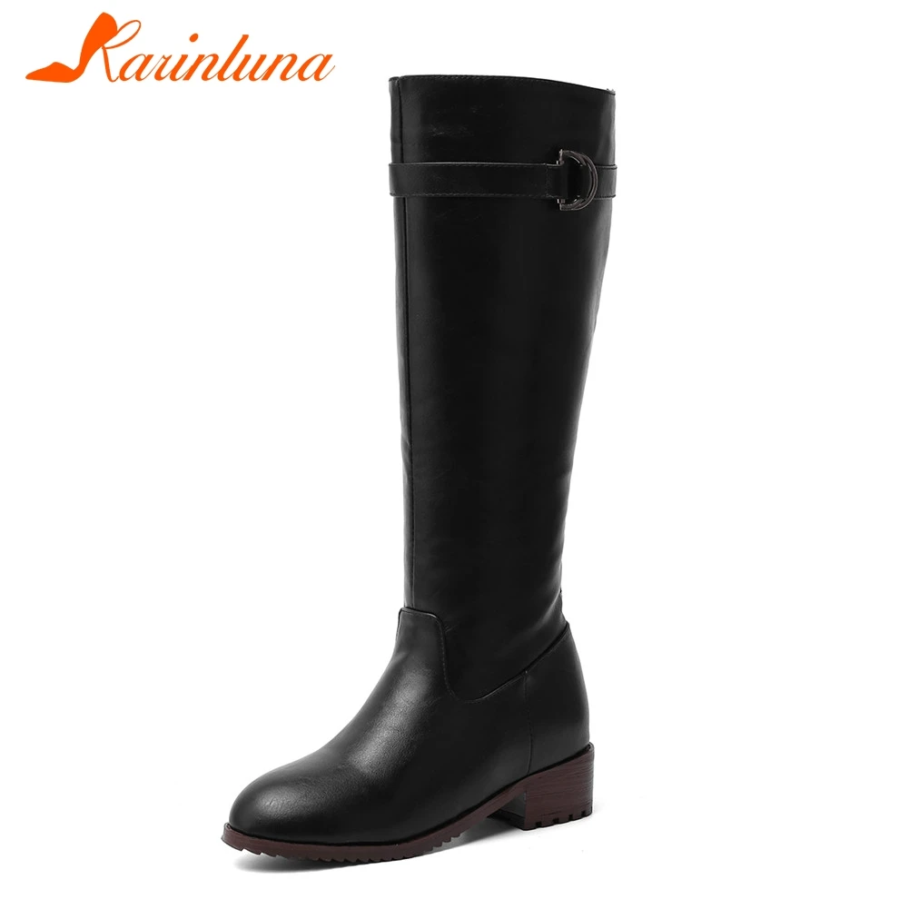

KARINLUNA New Plus Size 34-48 Fashion Belt Buckle Ladies Chunky Heels Shoes Woman Platform Casual Office Mid Calf Boots Women