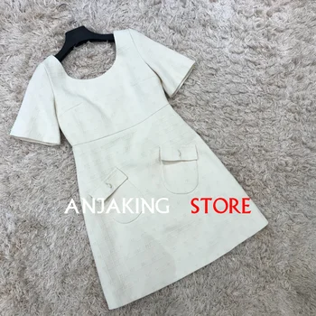 

2020 autumn winter dresses A-line retro dress short sleeve elegant dress high quality Tweed double pocket U-neck dress