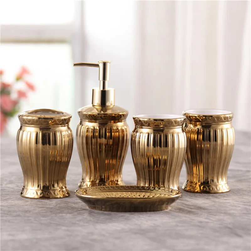 

Home Decoration Toilet Storage with a Luxury Accessory Gold Ceramic Bracket, Toothbrush and Toothpaste Jet Machine