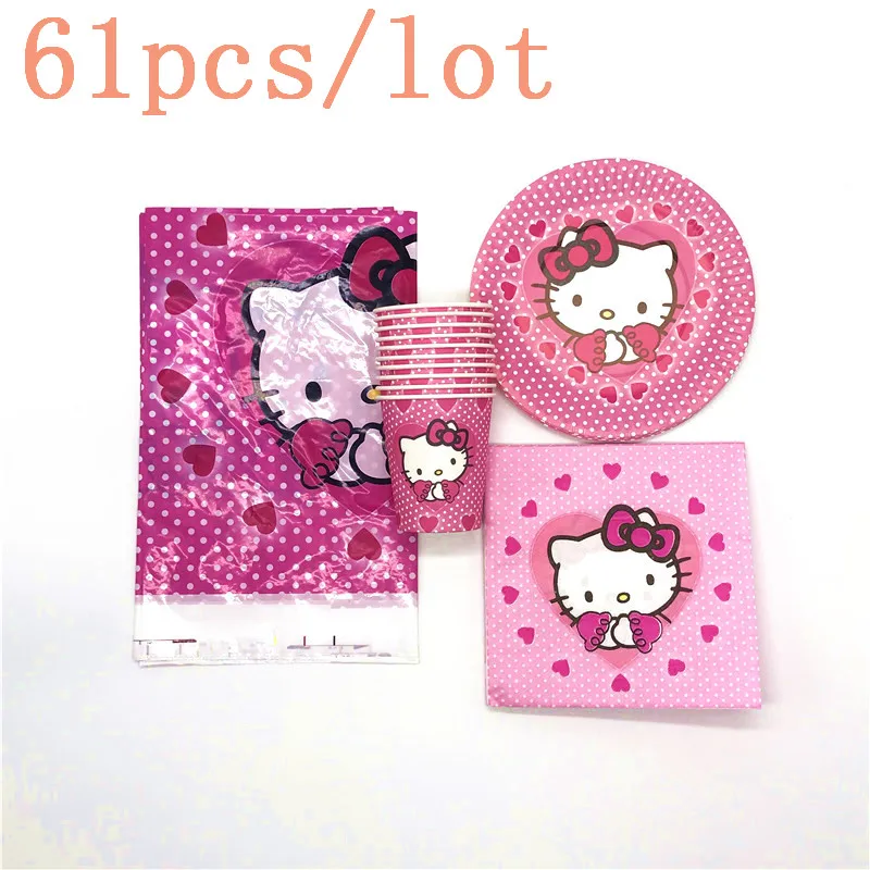 

Wonderful Hello Kitty 61Pcs/41Pcs Disposable Tableware Sets Kid Birthday Party Cup Plate Napkin Tablecloth Decoration Supply
