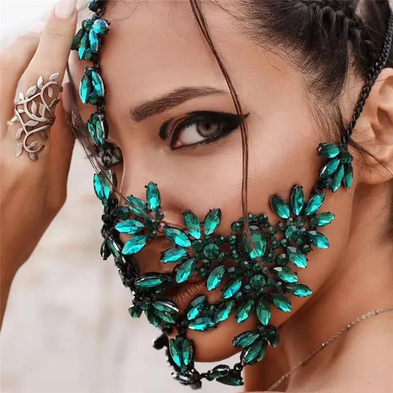 

New Luxury Green Gem Face Mask With Rhinestones Crystal Halloween Masks for Women Nightclub Party Face Decoration Jewelry