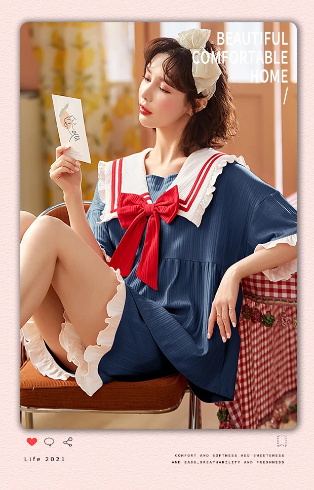 Conjuntos de Estilo Tops + Shorts do Vintage Verão Feminino Pijamas Universitário Japonês Algodão Azul Senhoras Casa Wear Kawaii Arcos Meninas 3 Conjuntos de pijama