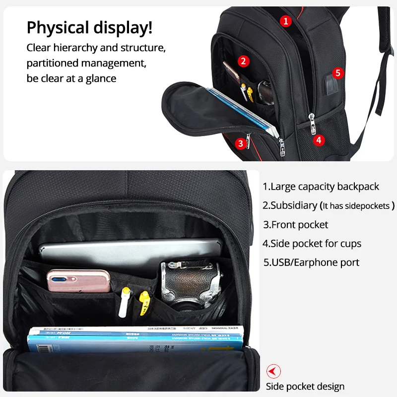  Waterproof Solid Large Backpack Men Laptop Bags Black Backpack Man Travel Backpack Teenager Bookbag - 10000001213302