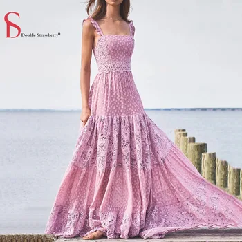 

Double Strawberry Summer New Holiday Fairy Stitching Lace Embroidery Suspenders Big Swing Women's Party Beach Long Dresses