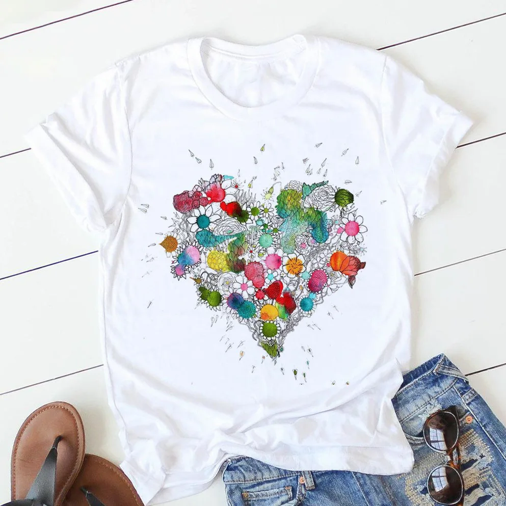 pink heart flower Print Women tshirt Short Sleeve Print Clothes Ladies Womens T-Shirt Graphic Tops Clothes Female T-shirts