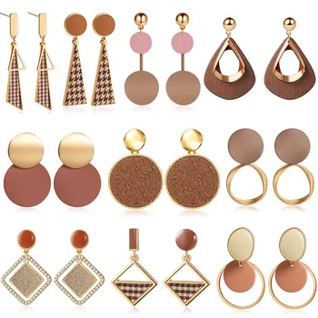 

ZWCX Fashion Brown Geometry Vintage Prevent Allergy Drop Earrings For Women Party Houndstooth Pendant Earring Jewelry Wholesale