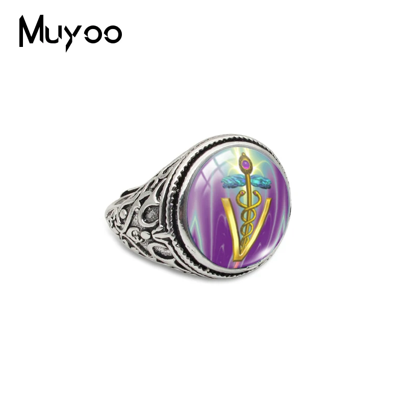 4 New Fashion R&N Caduceus Medical Symbol Antique Rings Kingdom Jewelry Medical Symbol Jewelry Glass Dome Rings - Цвет основного камня: 4