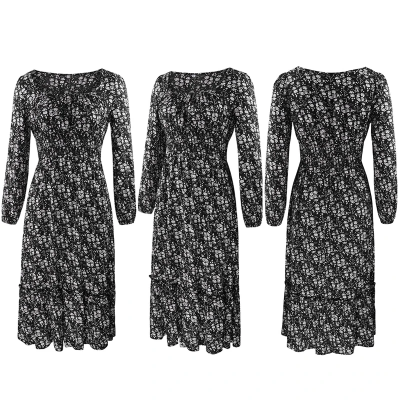 Chifirena Elegant Party Mid-Length Vintage Autumn Dress Women Square Collar Floral Print Ruffles Casual Dresses Minie Vestidos