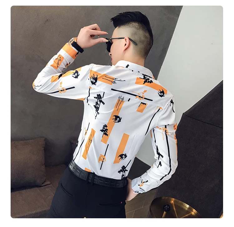 Повседневная Блузка Homme 3XL, осенняя одежда, мужская рубашка с индивидуальным принтом, модная Корейская мужская рубашка с длинным рукавом, рубашки с принтом, мужская приталенная рубашка