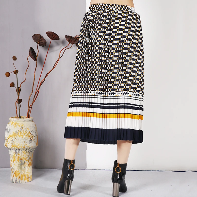 Fashion Tide Spring Fashion Dot Striped Printing Pleated Elastic High Waist Women Skirt All-match Female Overknee Bottoms YF129