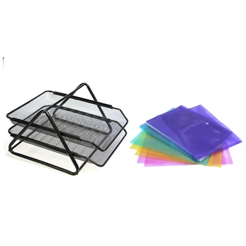 

12Pcs Plastic Buckle Folders Filing Storage,Ran Color & 1Pcs Office Filing Trays Holder Wire Mesh Storage 2 Tiers