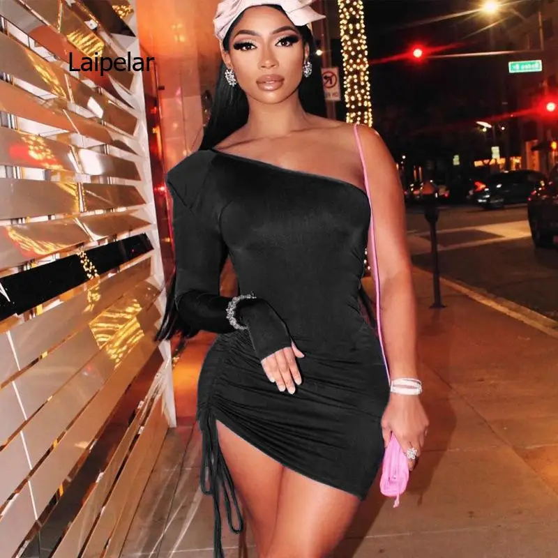 

2021 women's clothing dress sexy pleated lace-up oblique shoulder casual party dress tights woman dress dress