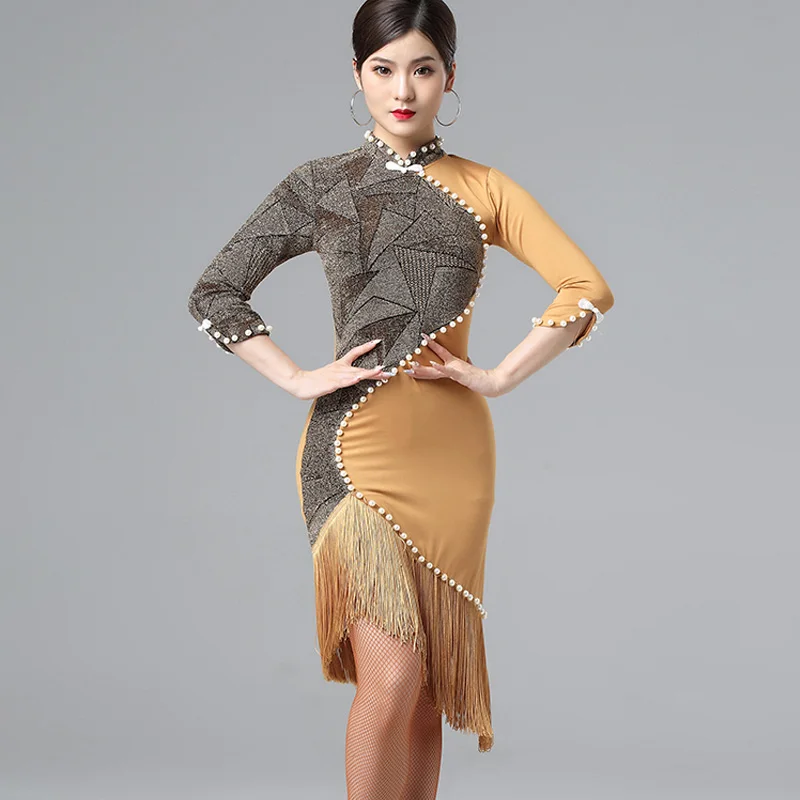 Китайский стиль, платье для латинских танцев, женское платье для самбы, для выступлений, Восточный чонсам, с жемчугом, с бахромой, сексуальные тонкие платья DL4956 - Цвет: as picture