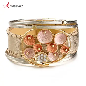 

Amorcome Exaggerated Big Metal Enamel Charm Leather Bracelet for Women Multilayer Wide Wrap Bracelets Bangles Fashion Jewelry